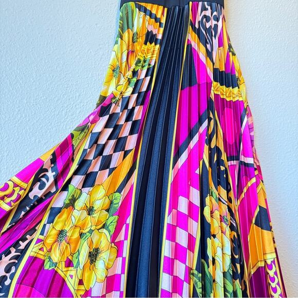 Cache Vintage Y2K Halter Maxi Dress Womens 2 Silk Pleated Mixed Print Rivera - Picture 5 of 13